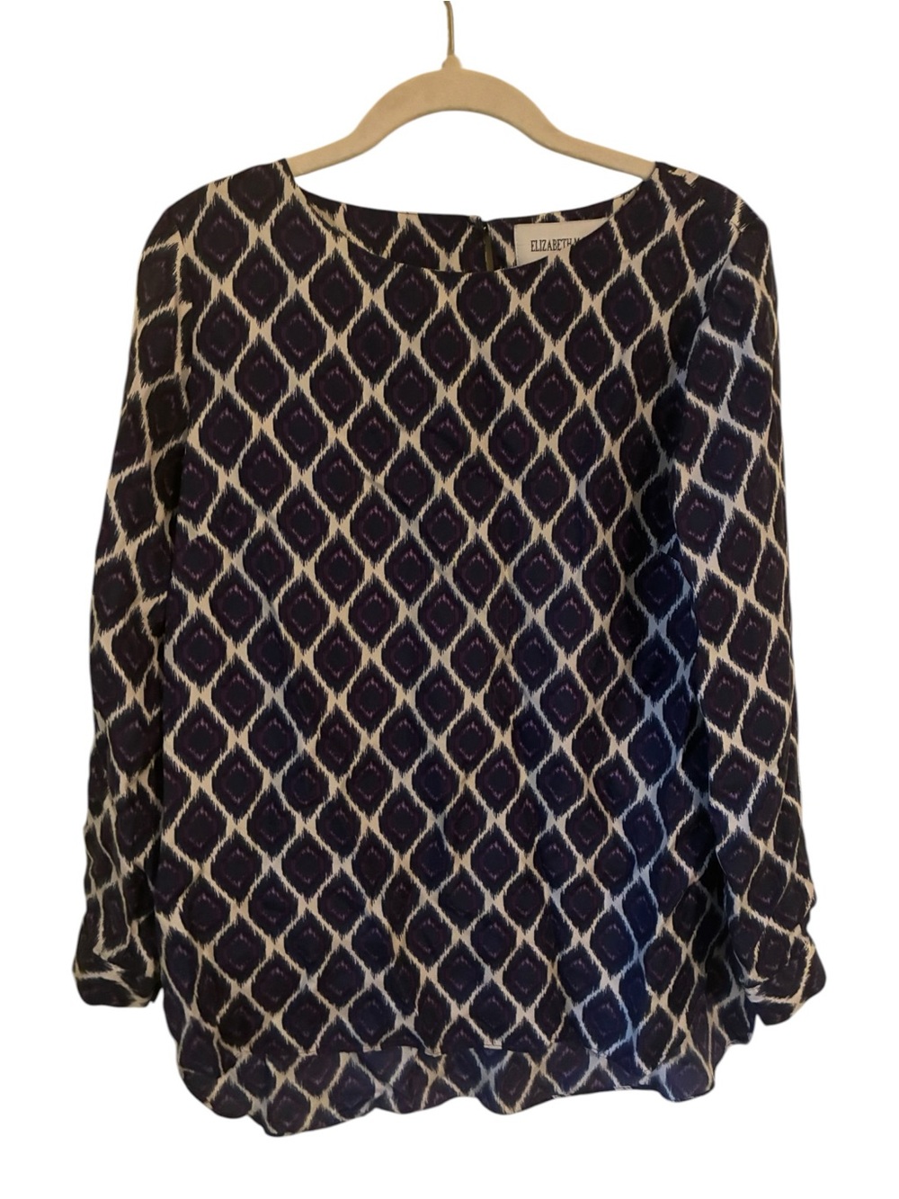 Elizabeth McKay NY 100% Silk Blouse Geometric Ikat Print Purple Navy Size 6 EUC